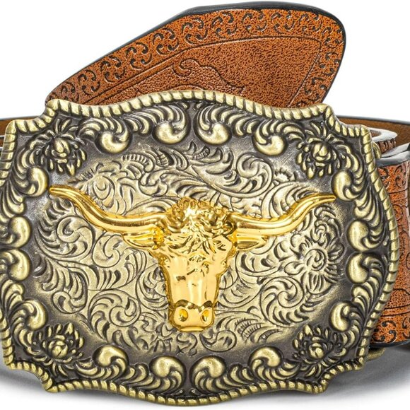 Other - Western Cowboy Belts for Men Women - Bull Buckle Vintage Floral Engraved Belt fo